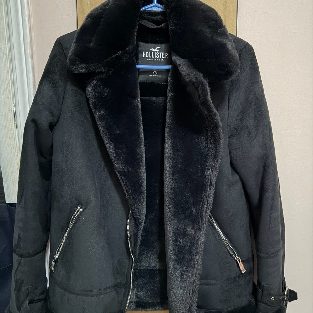 Hollister Black Faux Fur Trim Coat